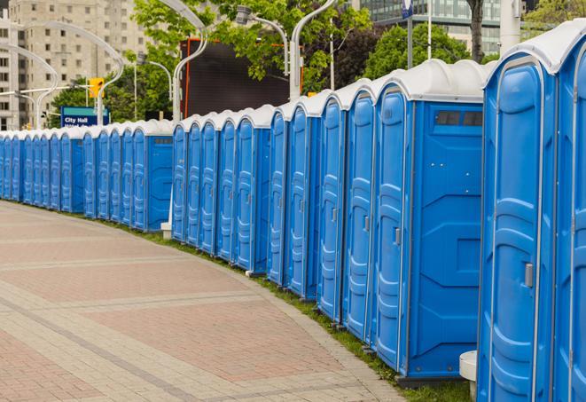 a fleet of portable restrooms ready for use at a large outdoor wedding or celebration in Coolidge, AZ